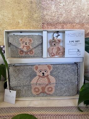 New Rachel Zoe 3 Piece Gift Set - Teddy Silver Beaded Clutch, Card Case, & Charm
